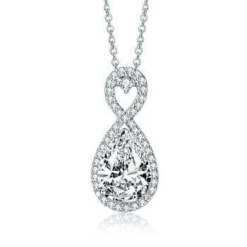 Pear Shape CZ Halo Pendant Necklace In Sterling Silver