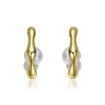 Curved Pearl Simulant Huggie Earrings In 14K Gold Over Brass