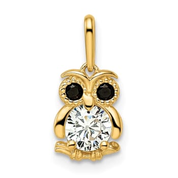 14K Yellow Gold Black and White Cubic Zirconia Owl Pendant