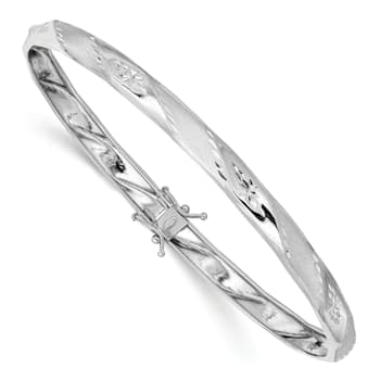 Rhodium Over 14K White Gold Polished Satin Diamond-cut Flexible Bangle