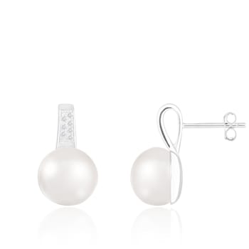 10.5-11mm White Cultured Freshwater Pearl Rhodium Over Sterling Silver Earrings