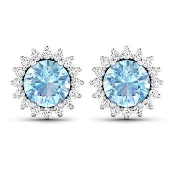 1.30ctw 14K White Gold Aquamarine and White Diamond Halo Earrings