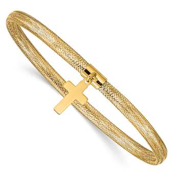 10k Yellow Gold Slip-On Mesh Cross Dangle Stretch Bracelet