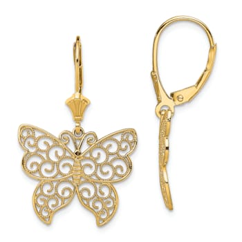 14K Yellow Gold Textured Butterfly with Beaded Filigree Wings Dangle Earrings
