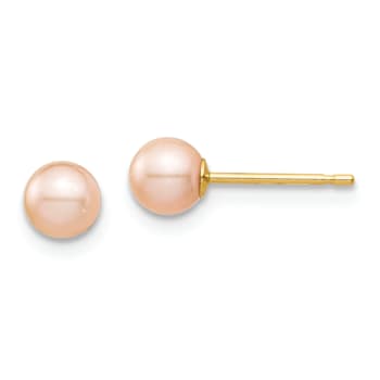 14k Yellow Gold 4.45mm Pink Round Freshwater Cultured Pearl Stud Earrings
