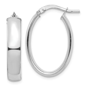 Rhodium Over 14k White Gold 1/1" High Polished Oval Hoop Earrings
