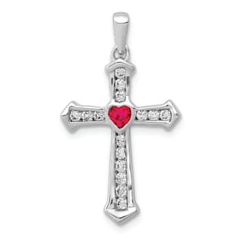 Rhodium Over 14k White Gold Ruby and Diamond Heart Cross Pendant