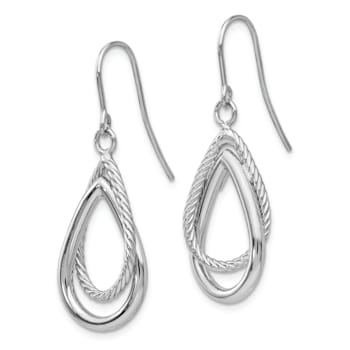 Rhodium Over 14k White Gold Polished and Textured Teardrop Dangle Earrings