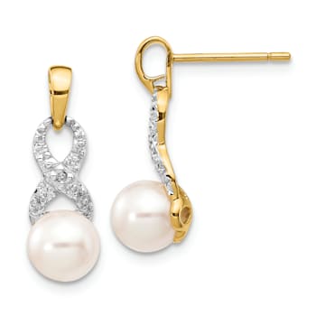 14K Yellow Gold 6-7mm White Round Freshwater Cultured Pearl 0.01ct
Diamond Dangle Earrings