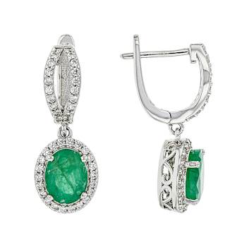 Emerald And Zircon Drop Earrings In Sterling Silver