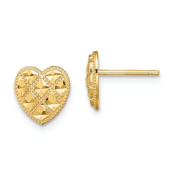 14K Yellow Gold Criss-Cross with Diamond-Cut 8mm Heart Stud Earrings