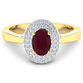 1.11ctw Red Ruby and Diamond 14K Yellow Gold Halo Ring