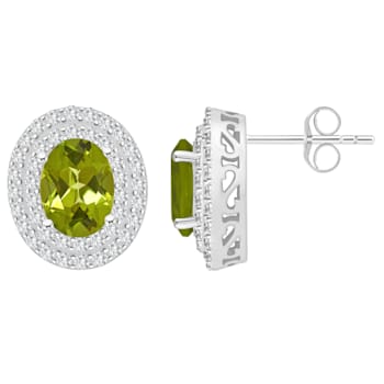 8x6mm Oval Peridot And White Topaz Accent Rhodium Over Sterling Silver
Double Halo Stud Earrings