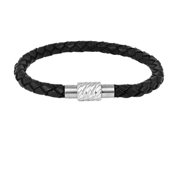 Mens Black Leather Braided Rope Bracelet with Stainless Steel Magnetic Closure
