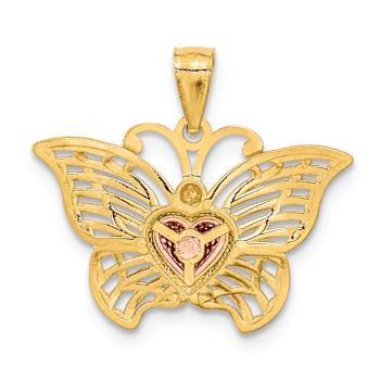 14k Two-tone Gold with Rhodium Over 14k Yellow Gold Butterfly with Heart Pendant