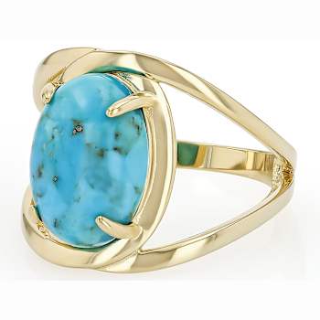 Turquoise Oval Solitaire Ring In 18K Gold Over Sterling Silver 14x10mm