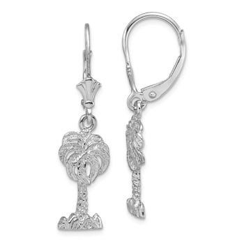 Rhodium Over 14k White Gold Textured Palm Tree Dangle Earrings
