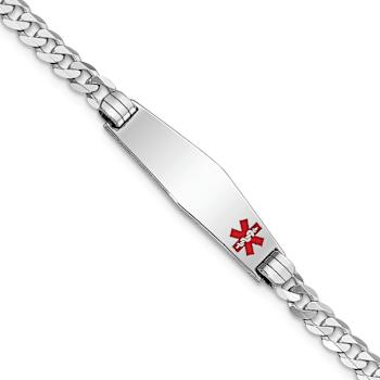 Rhodium Over 14k White Gold Medical Soft Diamond Shape Red Enamel Flat
Curb Link ID Bracelet