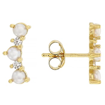 Pearl And CZ Ear Climbers In 14K Gold Over Sterling Silver