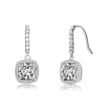 CZ Halo Drop Earrings In Rhodium Over Brass
