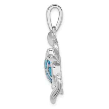 Rhodium Over Sterling Silver Blue Inlay Lab Created Opal Turtle Pendant