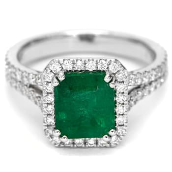 Emerald Step Cut Green Emerald and White Diamond 18K White Gold Ring.
3.08 CTW