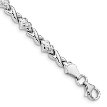 Rhodium Over 14K White Gold Polished Heart and X Bracelet