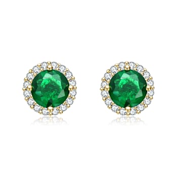 Emerald Color CZ Halo Stud Earrings In 14K Gold Over Brass