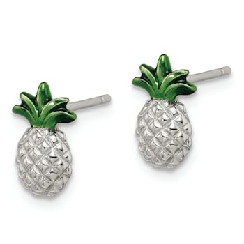 Rhodium Over Sterling Silver Pineapple with Green Enamel Post Earrings