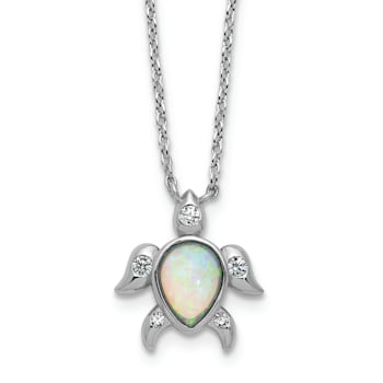 Rhodium Over Sterling Silver Lab Created Opal and Cubic Zirconia Turtle Necklace