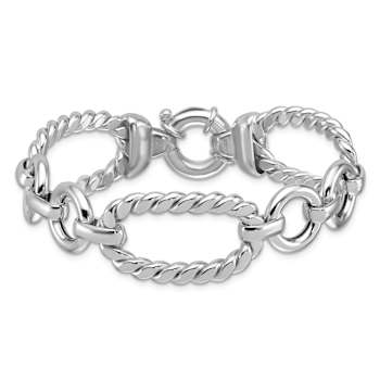 Rhodium Over Sterling Silver Polished and Twisted Link Bracelet