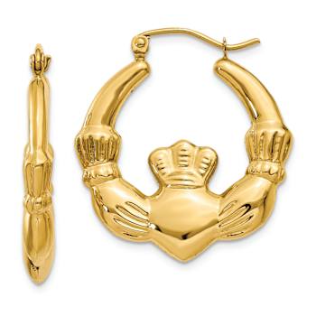 14k Yellow Gold Polished and Textured 1 1/16" Claddagh Hoop Earrings