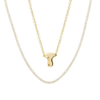 CZ Initial T Tennis Necklace And Pendant Set In 14K Gold Over Brass 4.05ctw