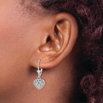 Rhodium Over 14k White Gold 3D Mini Diamond-cut Puffed Heart Dangle Earrings