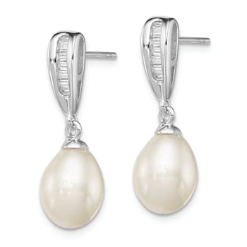 Rhodium Over Sterling Silver 7-8mm White Freshwater Cultured Pearl Cubic
Zirconia Dangle Earrings