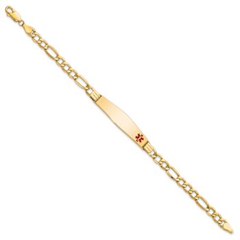 14k Yellow Gold Medical Soft Diamond Shape Red Enamel Figaro Link ID Bracelet
