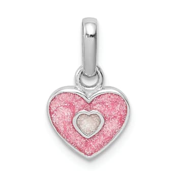 Rhodium Over Sterling Silver Pink Glitter Enameled Heart Children's Pendant