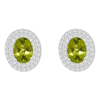 8x6mm Oval Peridot And White Topaz Accent Rhodium Over Sterling Silver
Double Halo Stud Earrings