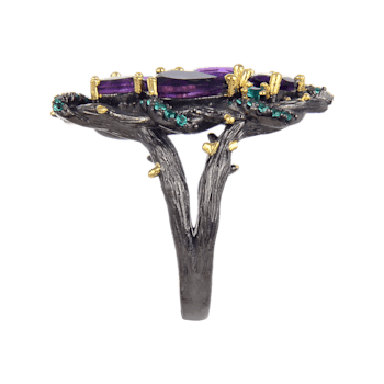 Amethyst and Green Nanocrystal Black Rhodium Over Sterling Silver Ring
