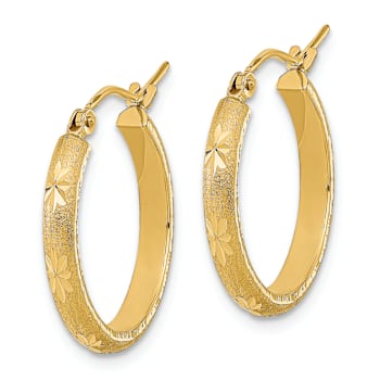 14k Yellow Gold 13/16" Polished, Satin and Diamond-cut Hoop Earrings