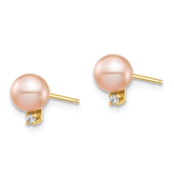 14K Yellow Gold Children's 5-6mm Pink Round Freshwater Cultured Pearl
and Diamond Stud Earrings