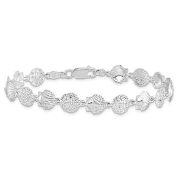 Rhodium Over Sterling Silver Polished Sand Dollar and Shell Bracelet