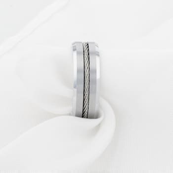 LANNISTER Men’s Tungsten Flat Wedding Band with Steel Wire Cable Inlay
and Beveled Edges 8mm