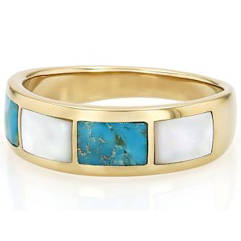 Turquoise And Mother-Of-Pearl Inlay Band Ring In 18K Gold Over Sterling Silver