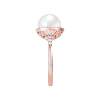 9-9.5mm Round White Freshwater Pearl with 0.21ctw Diamond 10K Rose Gold Ring