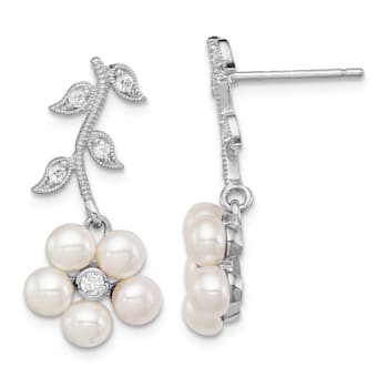 Rhodium Over Sterling Silver White Freshwater Cultured Pearl CZ Flower
Post Earrings