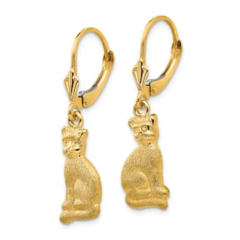 14k Yellow Gold Satin Cat Dangle Earrings
