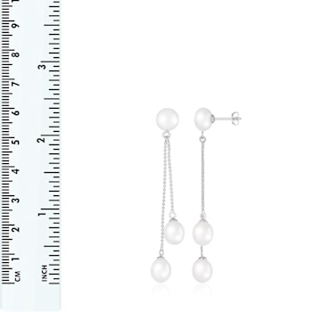7-9mm White Cultured Freshwater Pearl Rhodium Over Sterling Silver Earrings