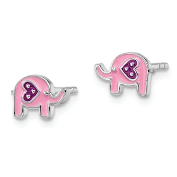 Rhodium Over Sterling Silver Childs Enameled Pink Elephant Post Earrings