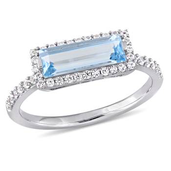 Sky Blue Topaz And White Sapphire East-West Halo Ring In Sterling Silver